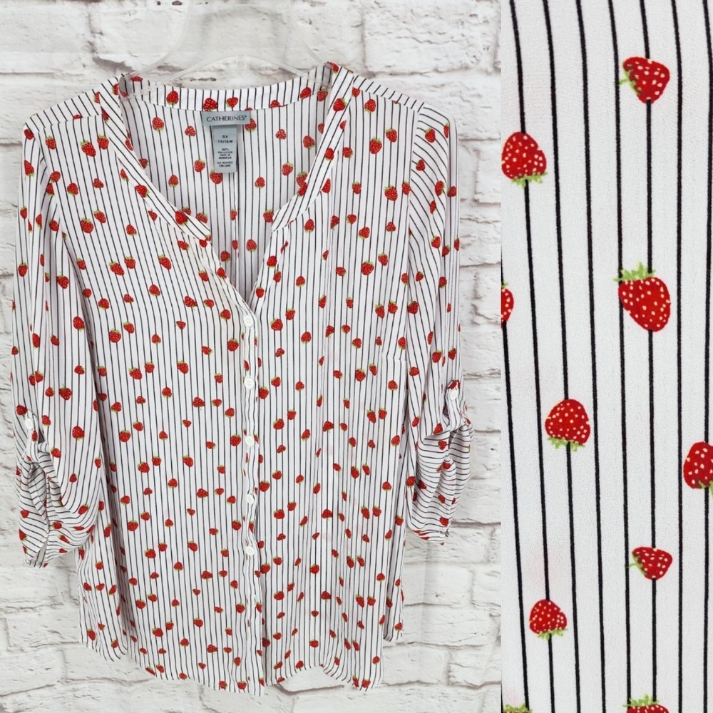 Catherine Strawberry Print Twee Top Retro Kitschy Pinstripe Office Preppy 0X
